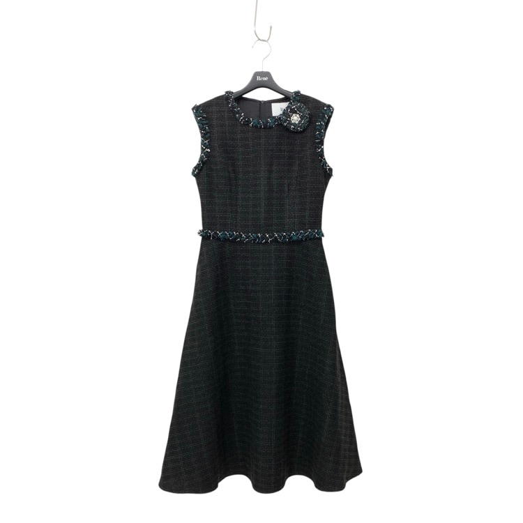 Rene ルネ ツイード ドレス コサージュ付 ブラック グリーン 34 6446250