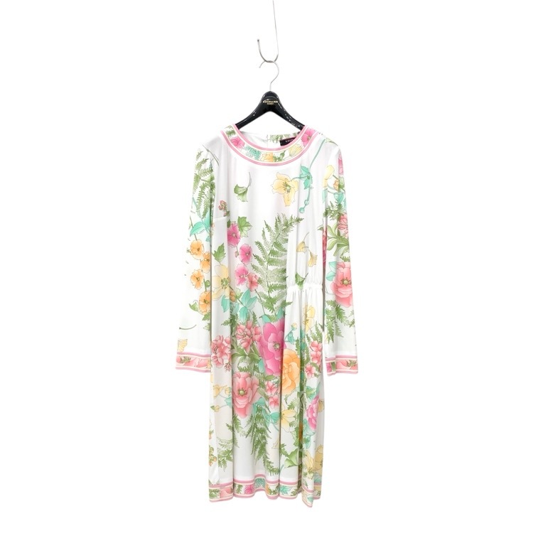 LEONARD レオナール ウエストシャーリングドレス フラワープリント　カンカン素材 ホワイト 38 0130221H