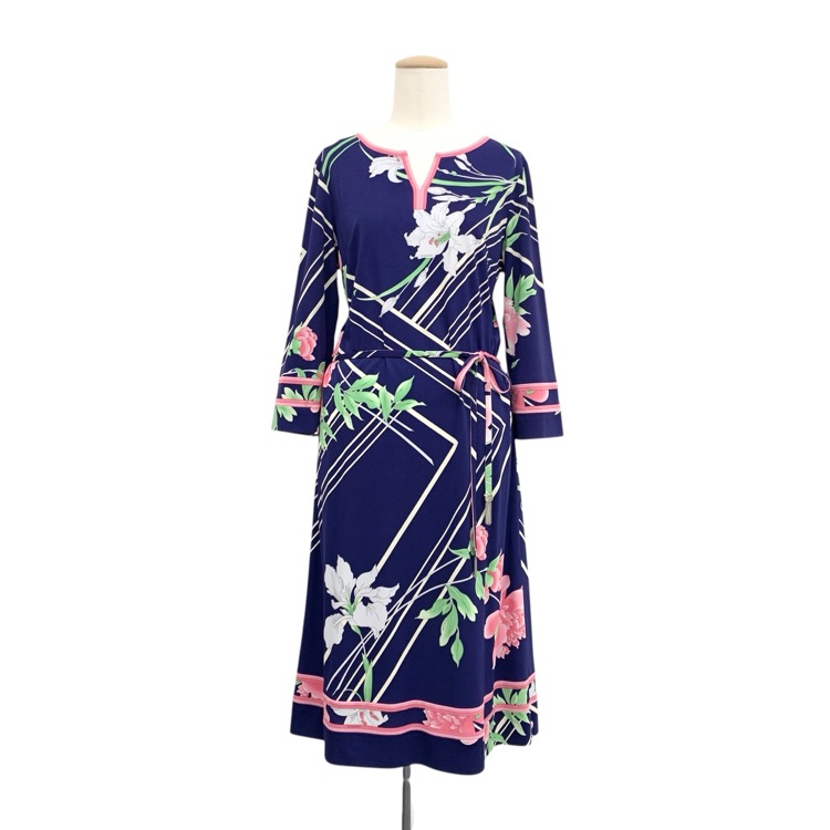 LEONARD レオナール ベルト付 ドレス フラワープリント カンカン素材 ネイビー 38 0190203
