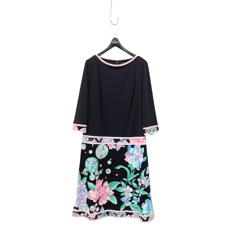 LEONARD レオナール ローウエスト切り替えドレス フラワープリント　カンカン素材 ブラック 38 0330327