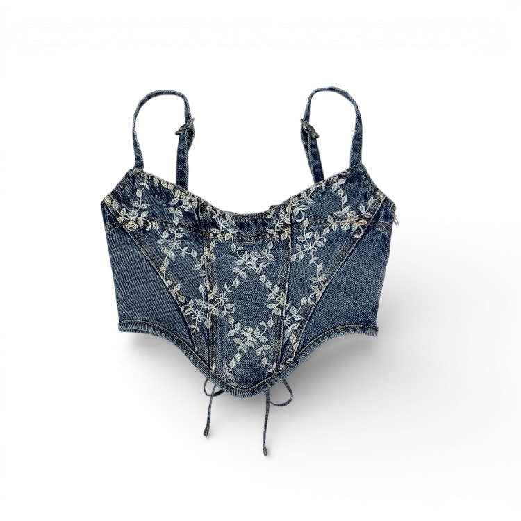 FETICO フェティコ FLOWER EMBROIDERED DENIM BUSTIER 薔薇モチーフ刺繍デニムビスチェ インディゴ 1 FTC244-0102