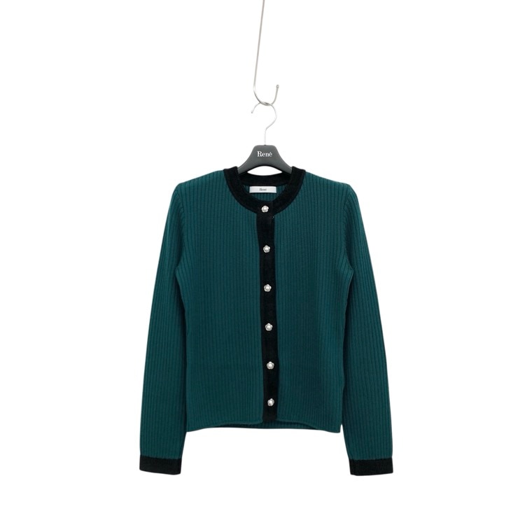 Rene ルネ ニット カーディガン ウール パールボタン グリーン ブラック 36 6442540