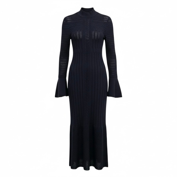 Mame Kurogouchi マメクロゴウチ Lace Stripe Knitted Dress レース編みニットワンピース ネイビー 1 MM23PF-KN727