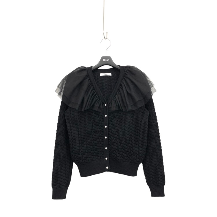 Rene ルネ メッシュフリル襟 ニット カーディガン ウール パールボタン ブラック 36 6532420