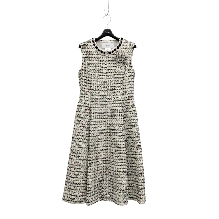 Rene ルネ ミックスツイード ドレス カメリアコサージュ付 ワンピース ホワイト ブラック 34 6536990