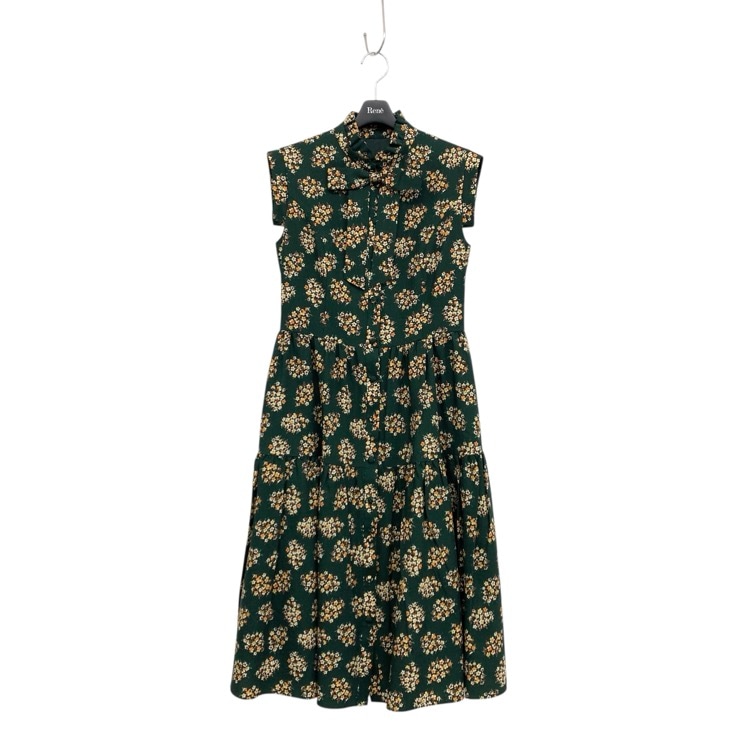 Rene ルネ フラワーブーケ プリント ドレス ウール くるみボタン ワンピース グリーン オレンジ 36 6436690