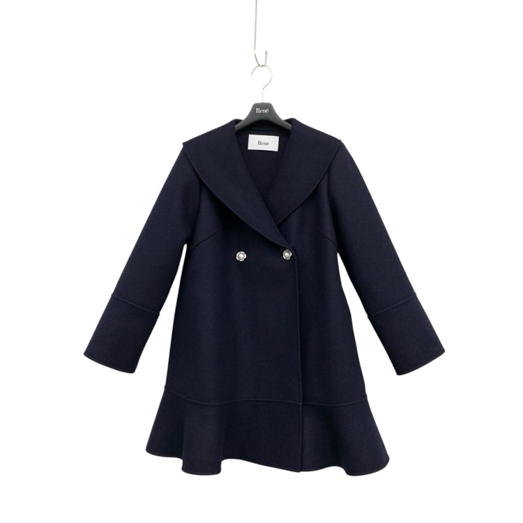 Rene ルネ ヘムフレア ウールコート パールボタン ネイビー 34　 6538960