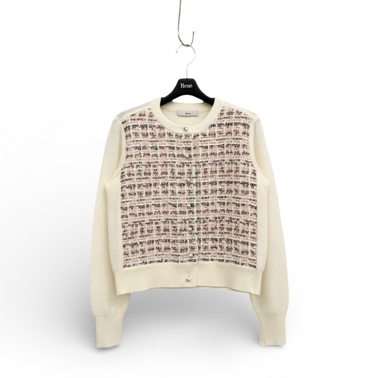 Rene ルネ ツイードカーディガン マリアケント社 パールボタン ホワイト 34 6542560