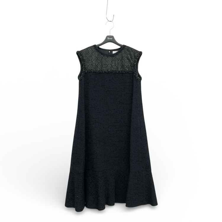 2024年製 Rene ルネ ツイード・ジャガード ドレス 切り替えフレア ワンピース ブラック 34 6436180