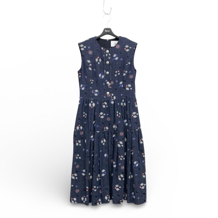 2024年 Rene ルネ シルク 刺繍ドレス ビジューボタン ネイビー 36 6436672