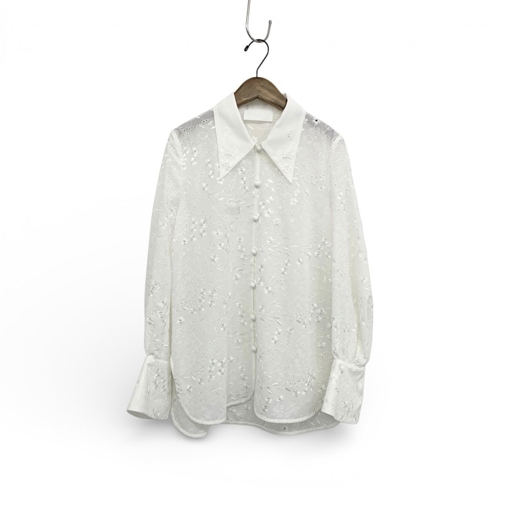 2025AW 未使用品 Mame Kurogouchi マメクロゴウチ Triacetate Georgette Floral Embroidery Top 花柄刺繍シフォンブラウス ホワイト 2 MM25FW-SH106