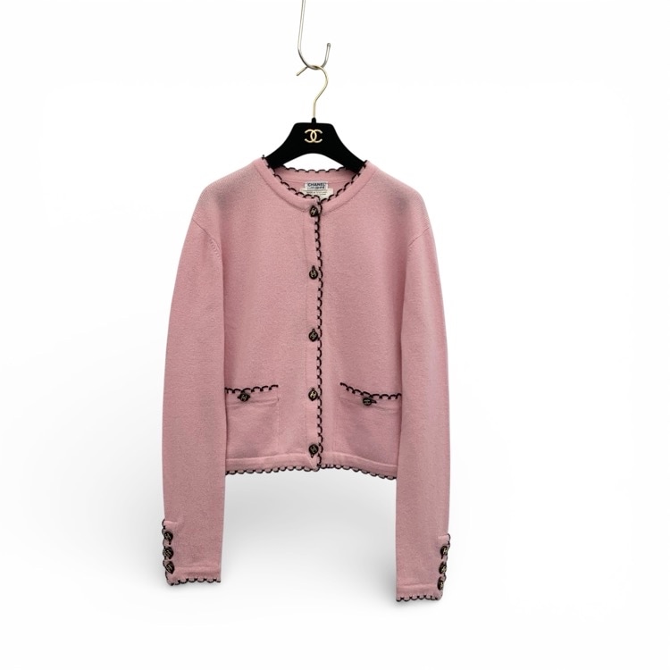 CHANEL シャネル カシミヤ カーディガン CCボタン カラップトリム ピンク 42