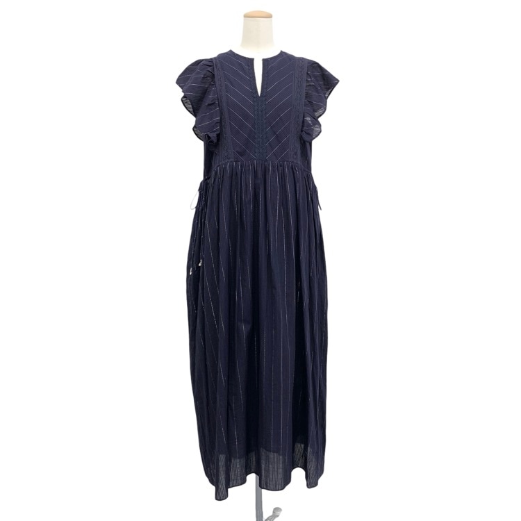2025AW ne Quittez pas ヌキテパ Cotton Lurex Stripe Frill Sleeve Dress ラメストライプフリルワンピース ネイビー M 010552WB3