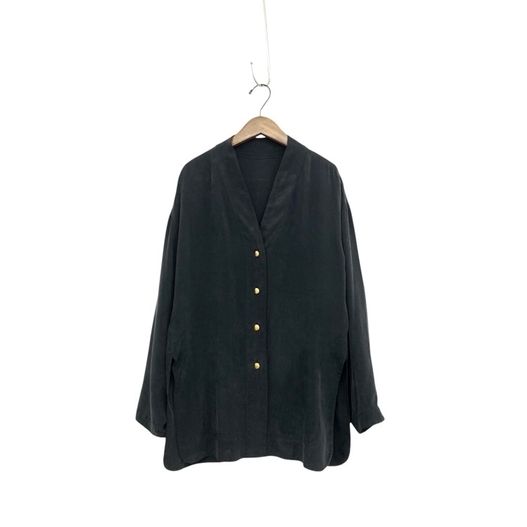 Mame Kurogouchi マメクロゴウチ Fibrillated V-Neck Shirt ヴィンテージ調Vネックシャツブラウス ブラック 2 MM24FW-SH063