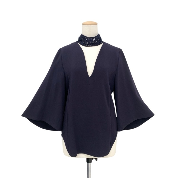 Mame Kurogouchi マメクロゴウチ Embroidery Silk Collar Tops シルクコード刺繍ブラウス ネイビー 1 MM19SS-SH707