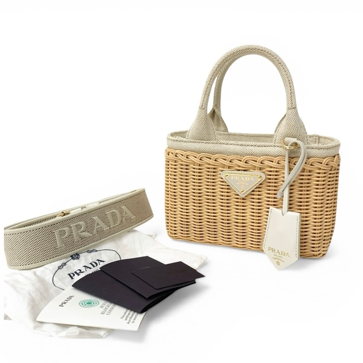 PRADA プラダ ミニ ウィッカー×リネン混紡  2wayショルダー かごバッグ タン/ホワイト 1BG469 2CYG FON86 V 7VO