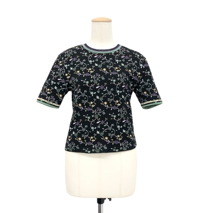 未使用品 2026SS Mame Kurogouchi マメクロゴウチ Floral Motif Glitter Short Sleeve Knit Top フローラル刺繍グリッターニットトップス ブラック 2 MM26SS-KN008