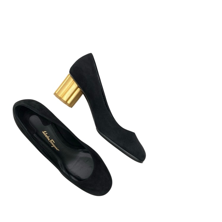 Salvatore Ferragamo フェラガモ CAPUA フラワーチャンキーヒール パンプス スエード ブラック ゴールド 6D