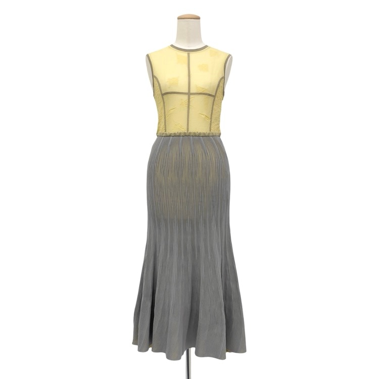 Mame Kurogouchi マメクロゴウチ Frosted Glass Graphic Knitted Dress ドッキングノースリーブニットワンピース イエロー×グレー 1 MM21SS-KN026