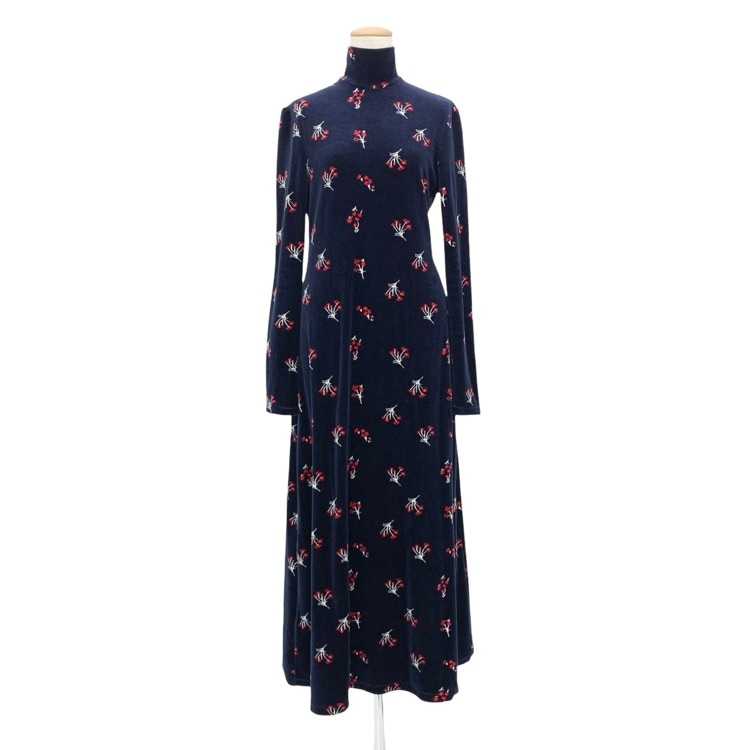 Mame Kurogouchi マメクロゴウチ Floral Velour Jacquard High Neck Dress PARIGOT別注 ベロアジャカードハイネックワンピース ネイビー 1 MM22PF-JS506