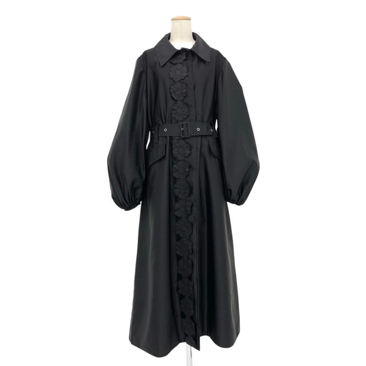 CECILIE BAHNSEN セシリーバンセン ORAH COAT パフスリーブ フローラルアップリケ トサテンレンチコート ブラック 8 3.24OTW20008
