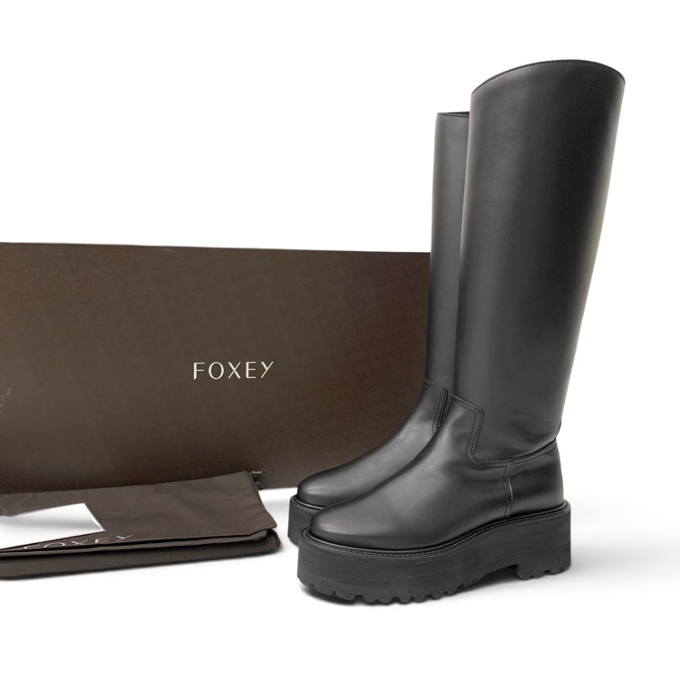 FOXEY フォクシー 撥水レザー ブーツ ファスナー付 ブラック 35 44960-JZOE