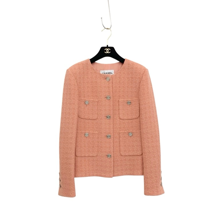 CHANEL シャネル ココボタン ツイードノーカラージャケット サーモンピンク 38 P71171V41202