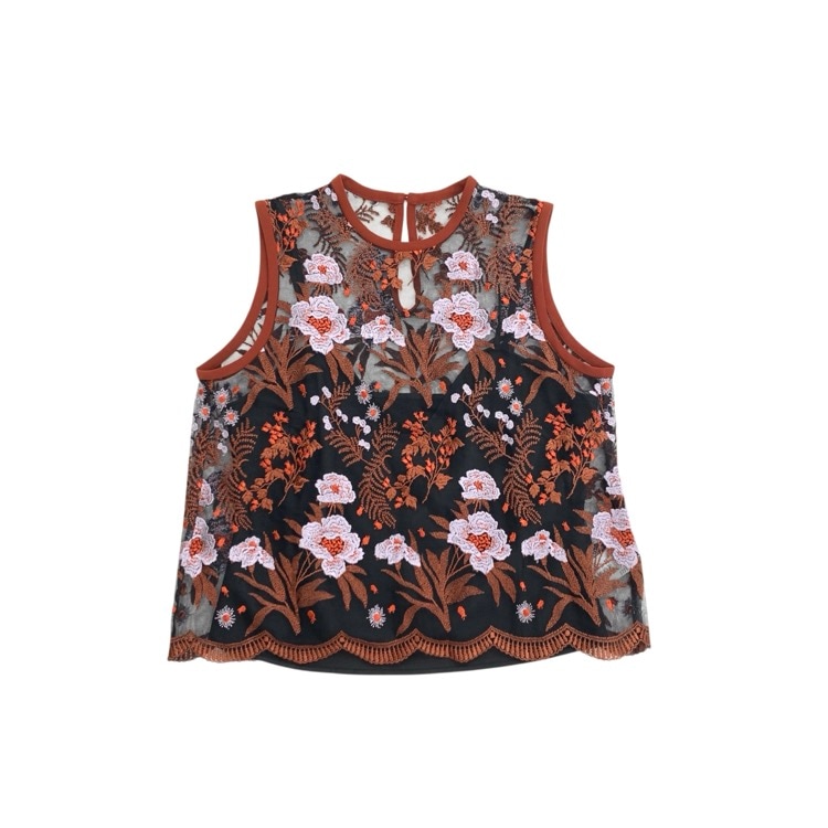 Mame Kurogouchi マメクロゴウチ 花柄 レーストップス ブラウス ブラウン 2 MM17AW-SH052