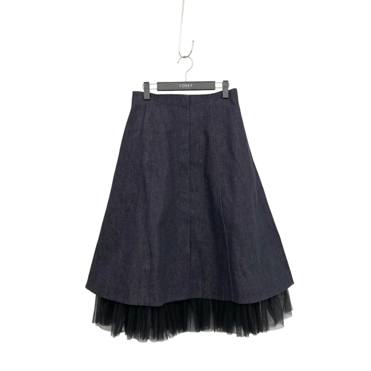FOXEY NEWYORK フォクシー スカート ジャルダン デニム ドット柄チュール インディゴ 42 43289-NSSOX