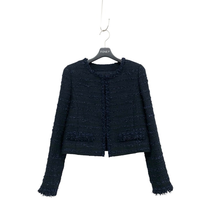 FOXEY フォクシー ノーカラージャケット ロシェ コットンBLENDツイード ネイビー ブラック 38 42091-SJOO