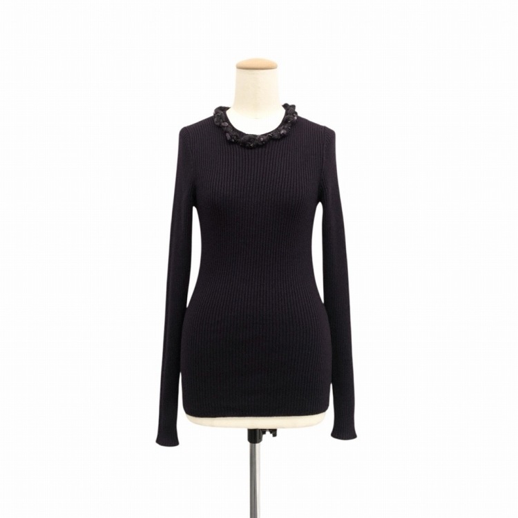 CHANEL シャネル ストーンビジュー付リブニットトップス カシミヤシルク セーター パープル P44878 K04733