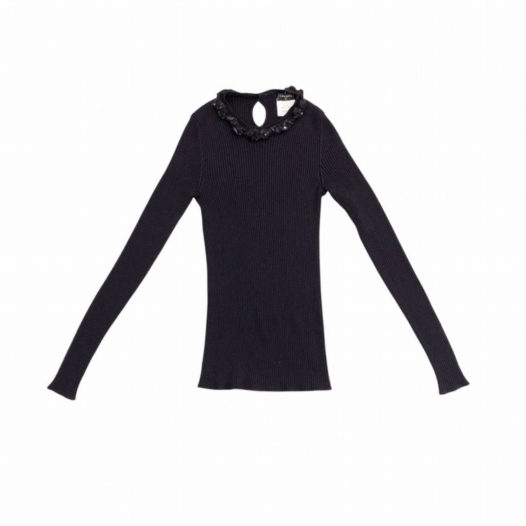 CHANEL シャネル ストーンビジュー付リブニットトップス カシミヤシルク セーター パープル P44878 K04733