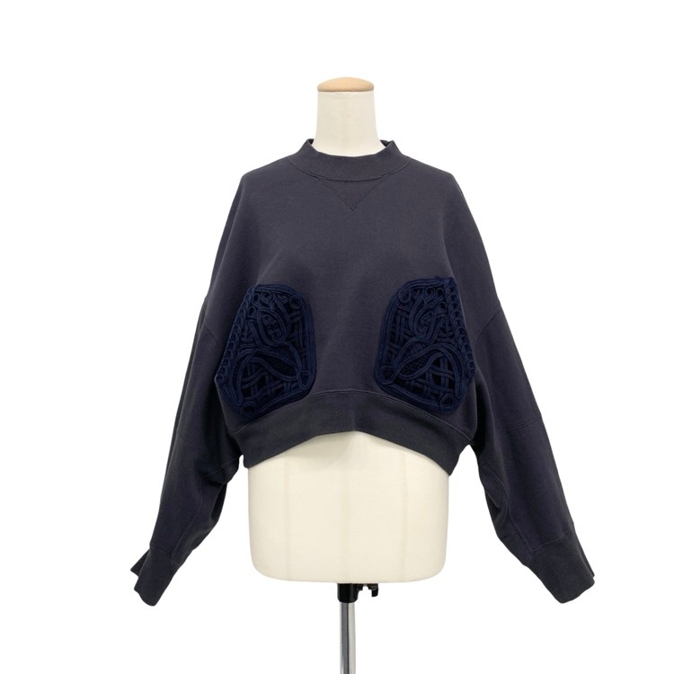 2025SS Mame Kurogouchi マメクロゴウチ Cording Embroidery Cropped Sweatshirt コード刺繍スウェット ネイビー 2 MM25SS-JS051