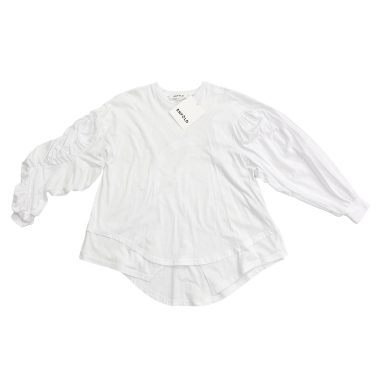 未使用品 ENFOLD エンフォルド GATHER MOTIF LONG-SLEEVES T-SHIRT ギャザーモチーフロンT ホワイト 38 300IS280-2711