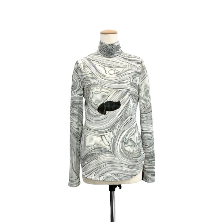 2025SS Mame Kurogouchi マメクロゴウチ Marble Print Jersey High Neck Top 地層石マーブルプリントカットソー グレー 1 MM25FW-JS076
