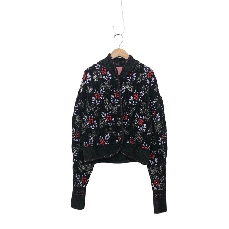 Mame Kurogouchi マメクロゴウチ Floral Motif Chenille Knited Cardigan 花柄ニット カーディガン ブラック 2 MM25FW-KN062