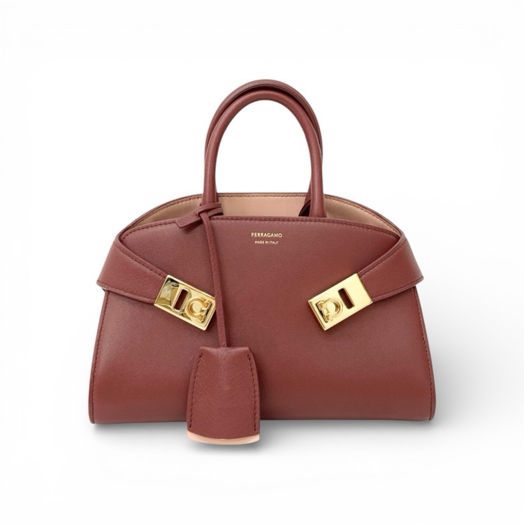FERRAGAMO フェラガモ　バイカラー ハンドバッグ HUG バーガンディ ピンク XS 215975