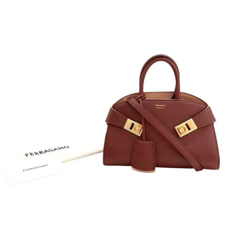 FERRAGAMO フェラガモ　バイカラー ハンドバッグ HUG バーガンディ ピンク XS 215975