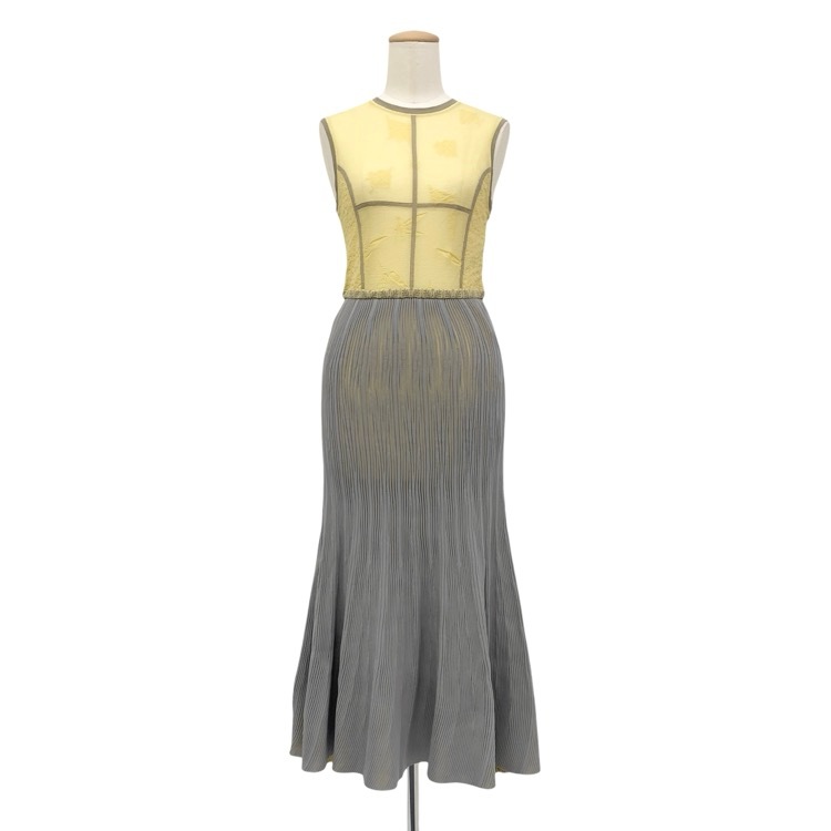 Mame Kurogouchi マメクロゴウチ Frosted Glass Graphic Knitted Dress ドッキングノースリーブニットワンピース イエロー×グレー 1 MM21SS-KN026