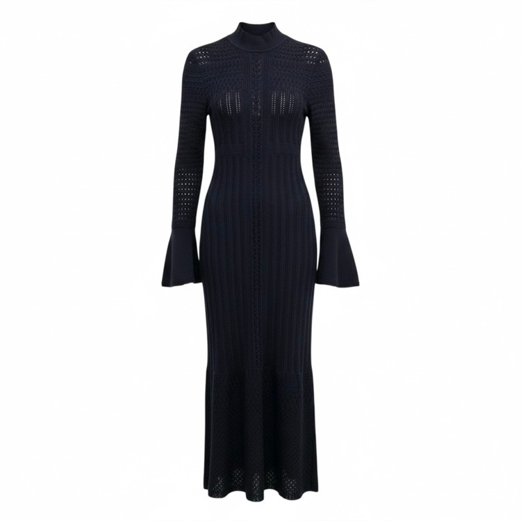 Mame Kurogouchi マメクロゴウチ Lace Stripe Knitted Dress レース編みニットワンピース ネイビー 1 MM23PF-KN727