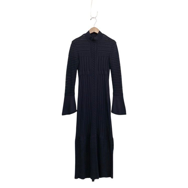 Mame Kurogouchi マメクロゴウチ Lace Stripe Knitted Dress レース編みニットワンピース ネイビー 1 MM23PF-KN727