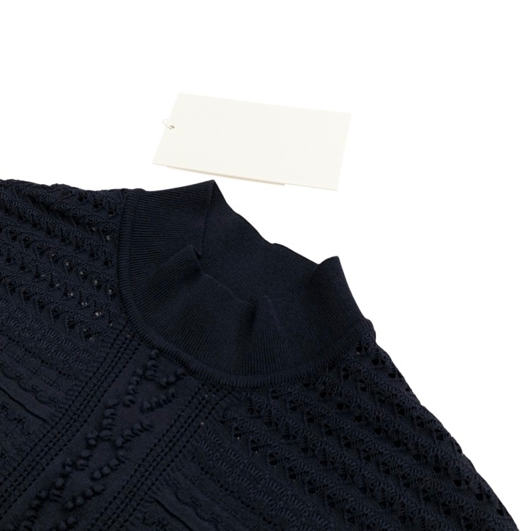 Mame Kurogouchi マメクロゴウチ Lace Stripe Knitted Dress レース編みニットワンピース ネイビー 1 MM23PF-KN727