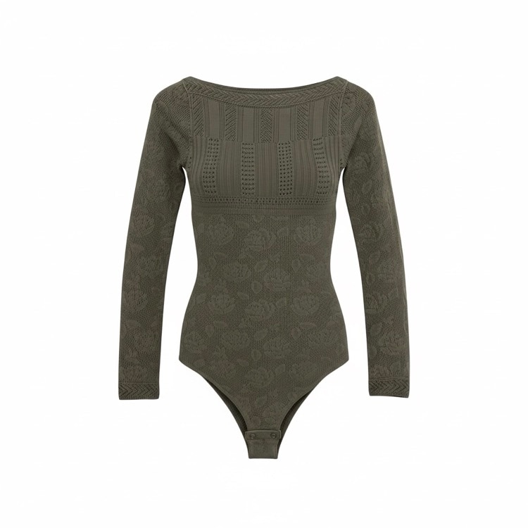 未使用品 2025AW FETICO フェティコ ROSE PATTERN LACE KNIT BODYSUIT ローズレースニットボディスーツ カーキ 36 FTC254-0713