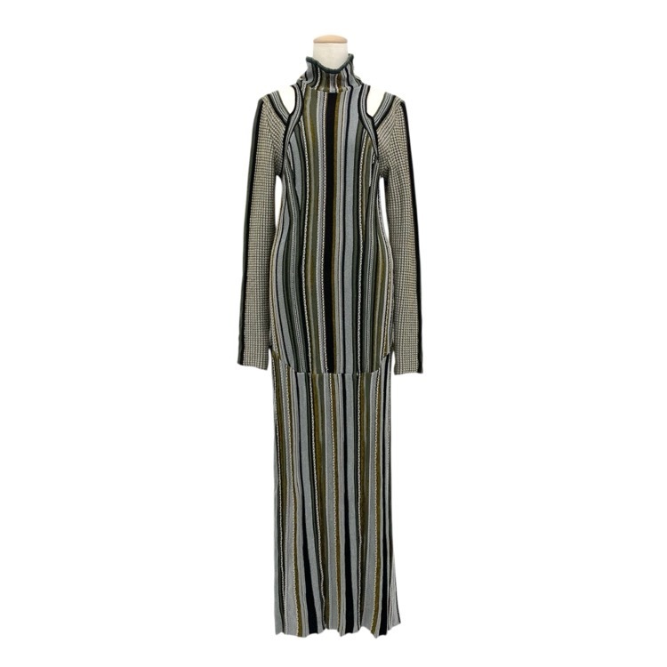 Mame Kurogouchi マメクロゴウチ Stripe Jacquard High Neck Knitted Dress ストライプジャガードハイネックニットワンピース カーキ 3 MM23FW-KN016