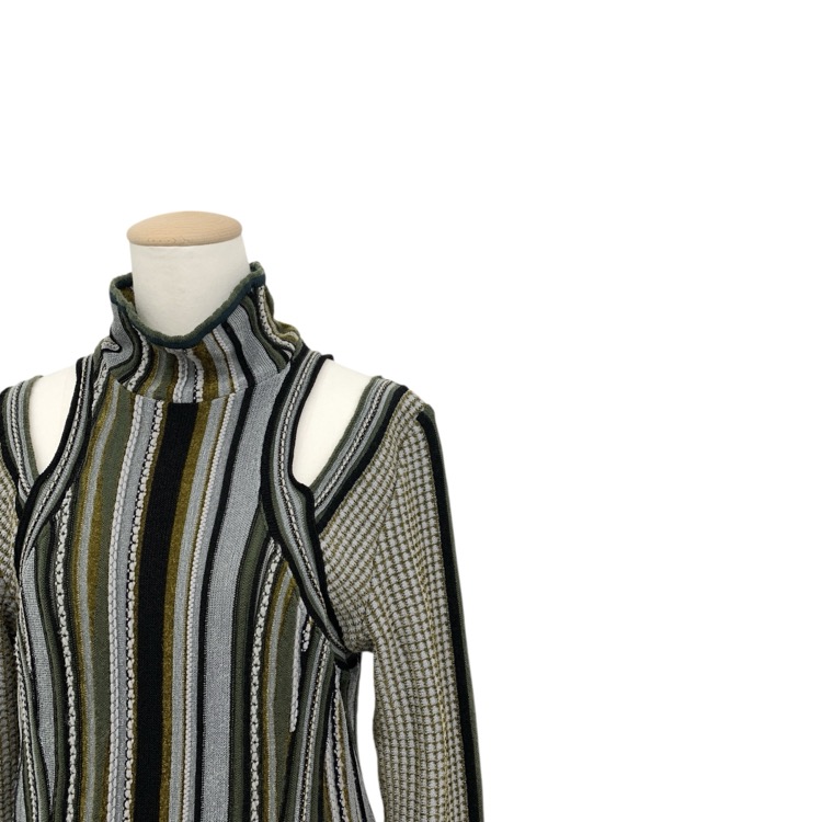 Mame Kurogouchi マメクロゴウチ Stripe Jacquard High Neck Knitted Dress ストライプジャガードハイネックニットワンピース カーキ 3 MM23FW-KN016