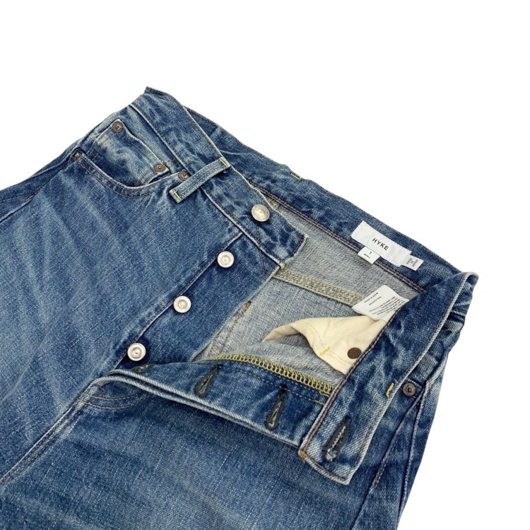 HYKE ハイク DENIM BARREL LEG JEANS USED WASH加工 デニムワイドバレルパンツ ユーズドウォッシュブルー 1 13352