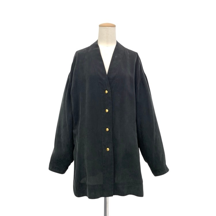 Mame Kurogouchi マメクロゴウチ Fibrillated V-Neck Shirt ヴィンテージ調Vネックシャツブラウス ブラック 2 MM24FW-SH063