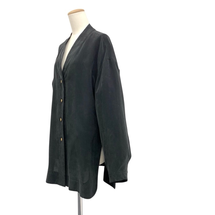 Mame Kurogouchi マメクロゴウチ Fibrillated V-Neck Shirt ヴィンテージ調Vネックシャツブラウス ブラック 2 MM24FW-SH063