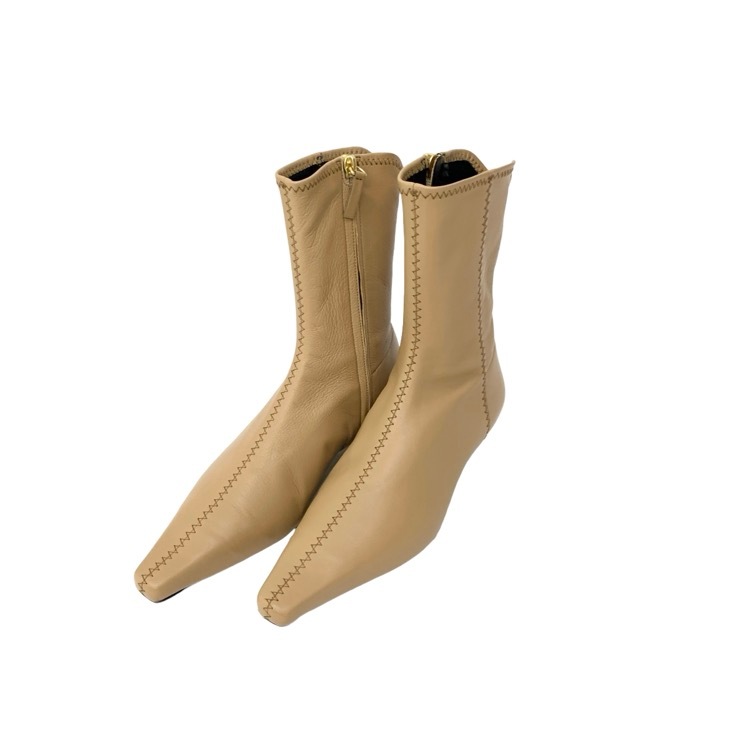 未使用品 Mame Kurogouchi マメクロゴウチ Smooth Leather Zip Style Boots ステッチショートブーツ ベージュ 23.5cm MM23FW-AC305