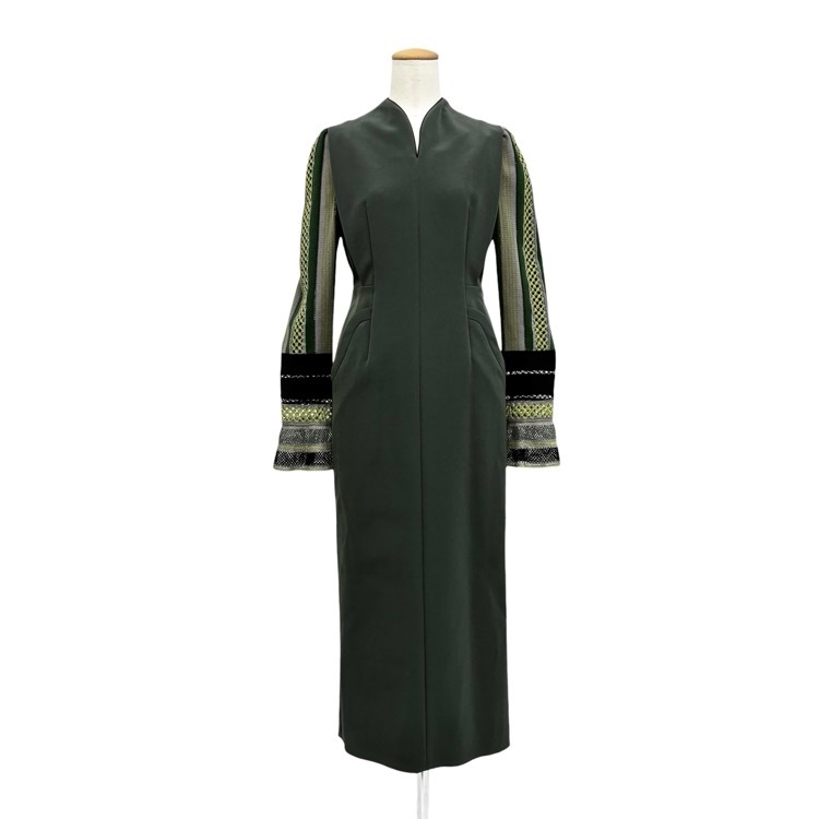 Mame Kurogouchi マメクロゴウチ Acetate Polyester Torchon Lace Sleeve Dress レース袖 ワンピース カーキ 1 MM23FW-DR037